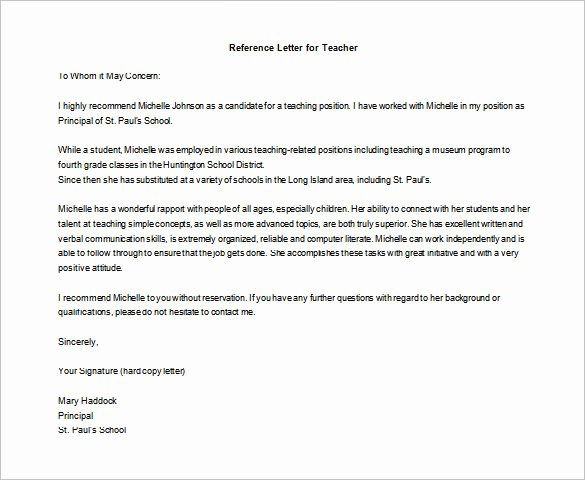 Letter Of Recommendation for Principals New Letter Of Re Mendation for Teacher – 12 Free Word