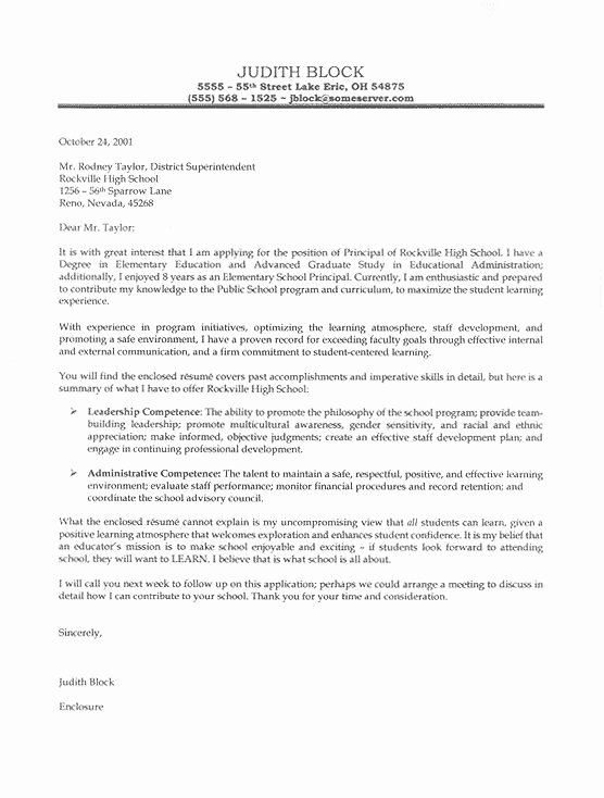 Letter Of Recommendation for Principalship Beautiful Elementary School Principal S Cover Letter Example
