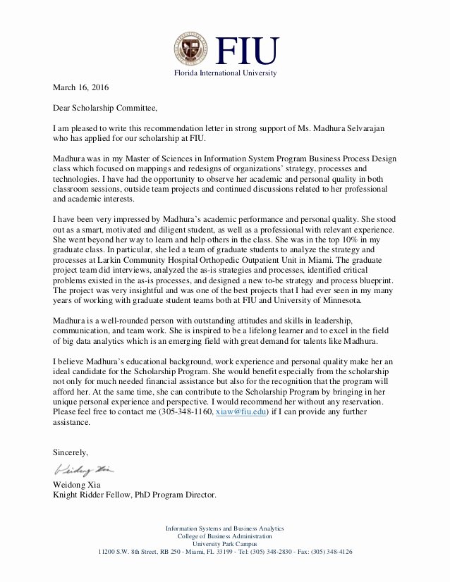 Letter Of Recommendation for Scholarship Unique Fiu Scholarship Re Mendation Letter for Madhura