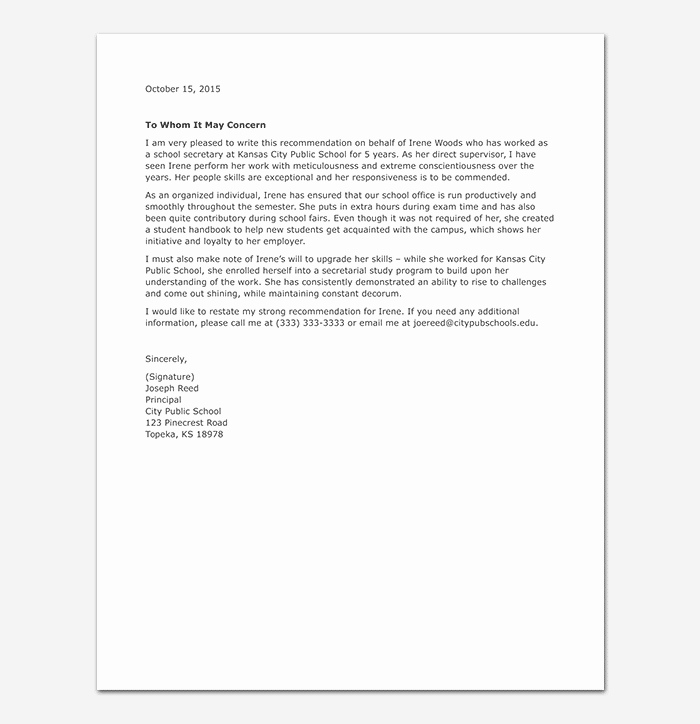 Letter Of Recommendation for Secretary Fresh School Reference Letter format &amp; 15 Sample Letters