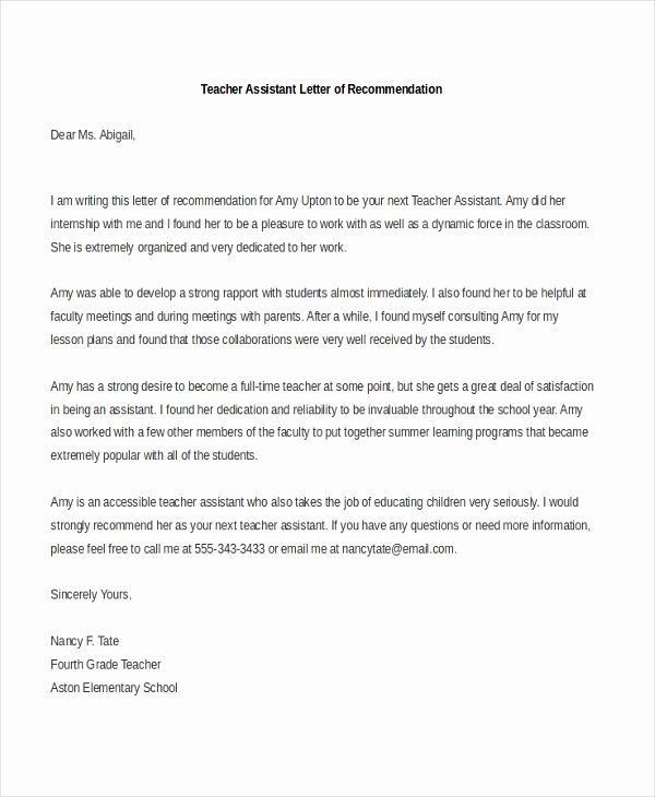 Letter Of Recommendation for Teaching Inspirational Sample Teacher Re Mendation Letter 8 Free Documents