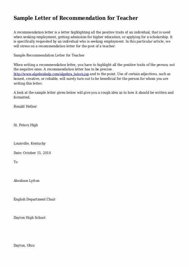 Letter Of Recommendation for Tenure Lovely Sample Letter Of Re Mendation for Teacher