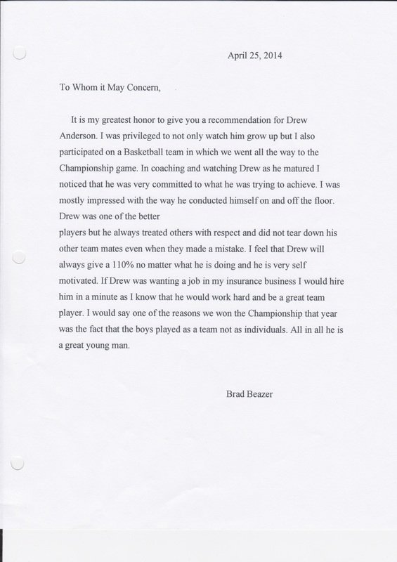 Letter Of Recommendation From Coach New Letter Of Re Mendation 1 Basketball Coach Drew anderson