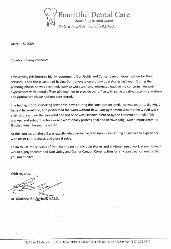 Letter Of Recommendation From Dentist Beautiful Clients Corner Canyon Construction