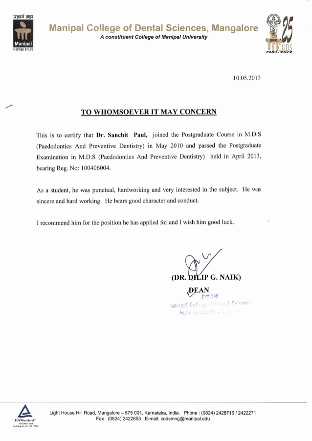 Letter Of Recommendation From Dentist Beautiful Letter Of Re Mendation From Dean Manipal College Of