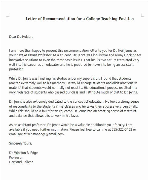 Letter Of Recommendation From Teacher Luxury 6 Sample Letter Of Re Mendation for Teaching Position