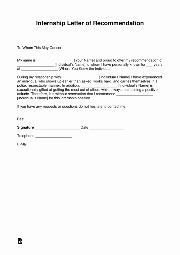 Letter Of Recommendation Internship Fresh Free Re Mendation Letter for Internship with Samples