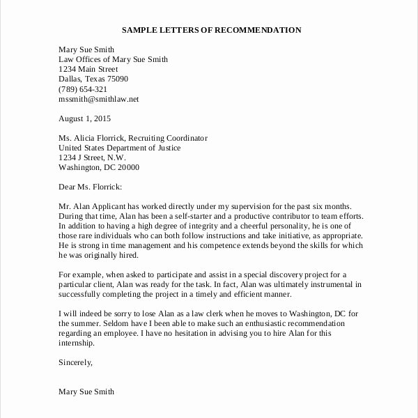 Letter Of Recommendation Law School Luxury 9 Sample Re Mendation Letters