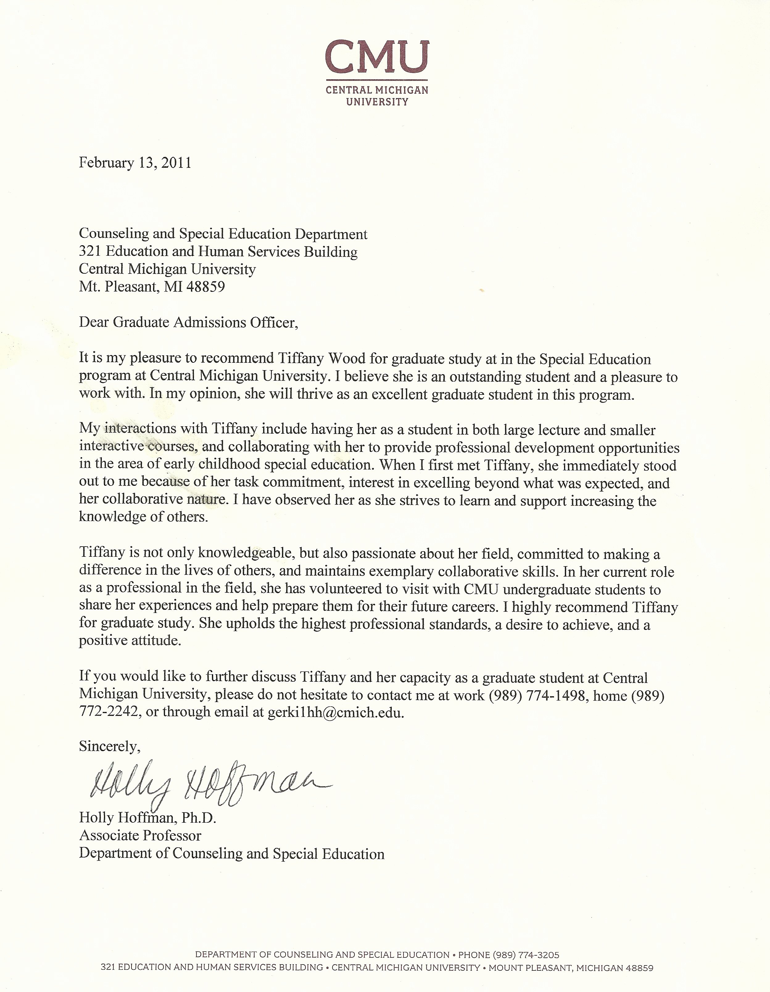Letter Of Recommendation Masters Program Inspirational Letter Of Re Mendation for Graduate School Hoffman