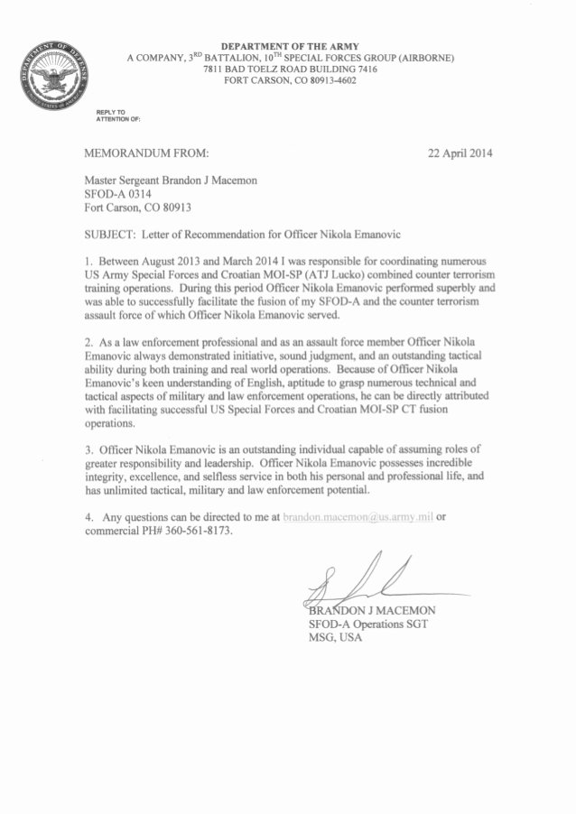 Letter Of Recommendation Military Awesome Us Army Sf Letter Of Re Mendation