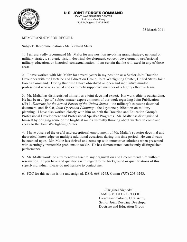 Letter Of Recommendation Military New Letter Re Mendation Richard Maltz 2011