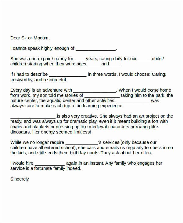 Letter Of Recommendation Nanny Inspirational 5 Sample Nanny Reference Letters Pdf Word