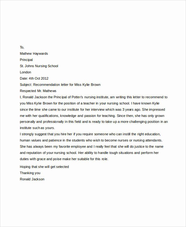 Letter Of Recommendation Nursing New Examples Of Re Mendation Letter