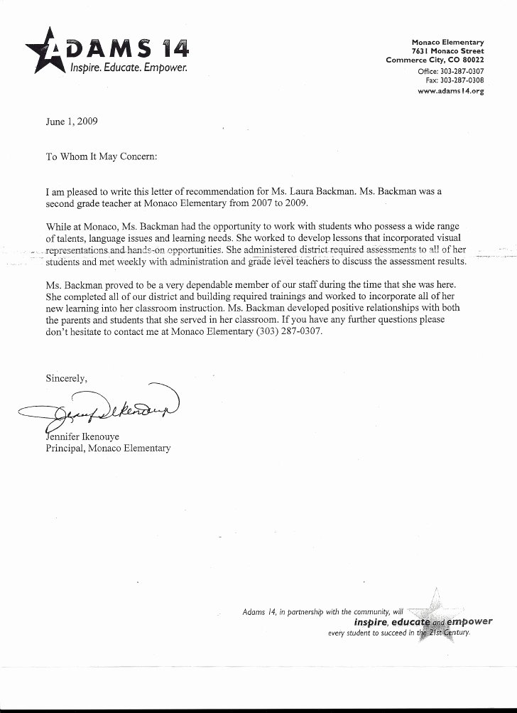 Letter Of Recommendation or Reference New Letter Of Re Mendation From Principal Jennifer Ikenouye