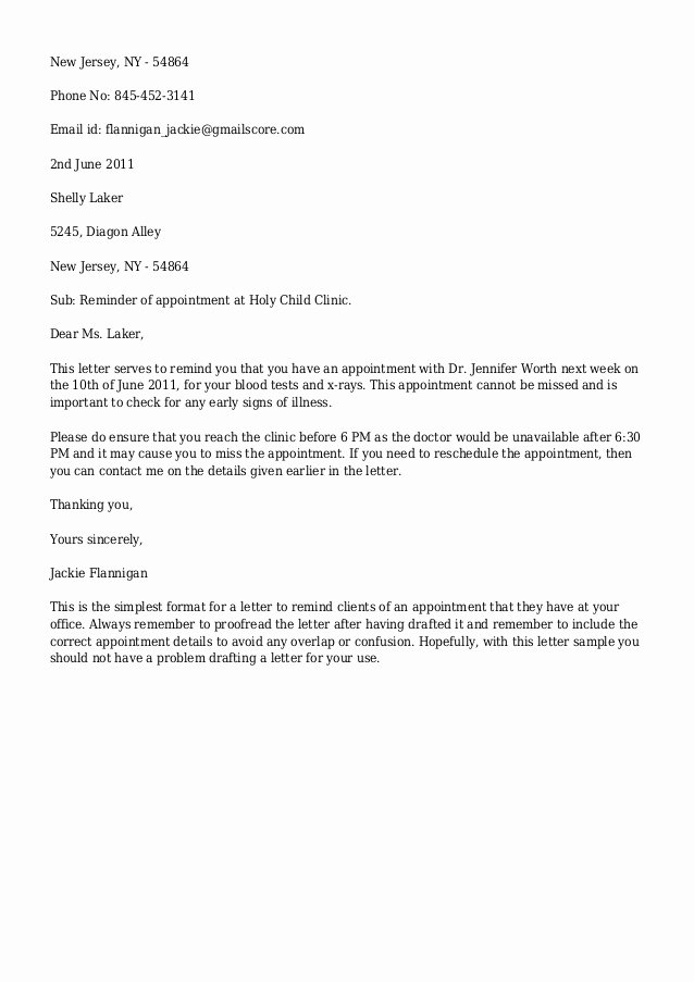 Letter Of Recommendation Reminder Email Beautiful Appointment Reminder Letter Templates