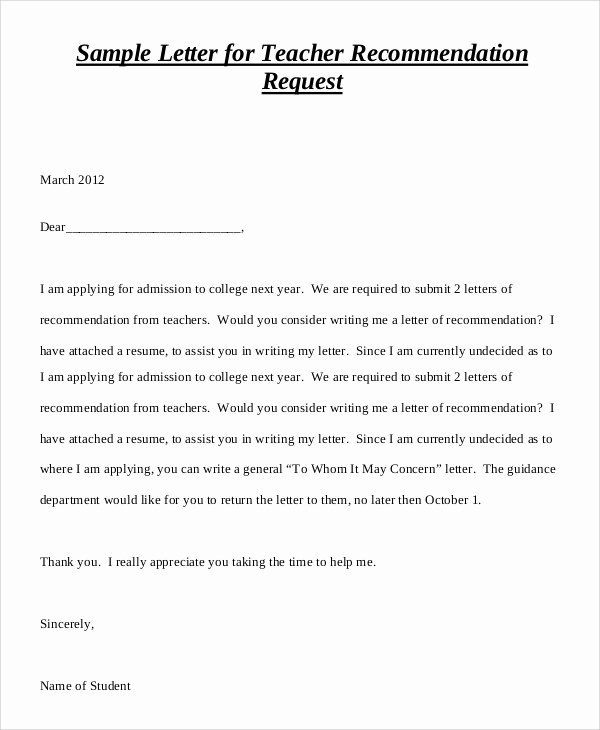 Letter Of Recommendation Request Example Best Of Sample Teacher Re Mendation Letter 7 Examples In Pdf