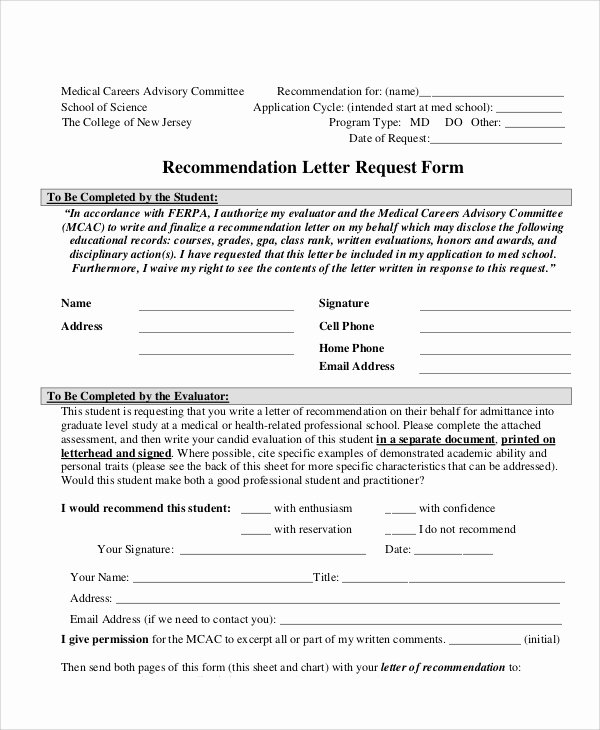 Letter Of Recommendation Request form New 10 Sample Letter Request forms