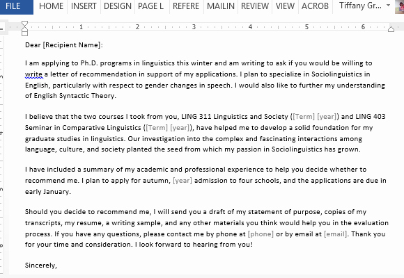 Letter Of Recommendation Request Samples Fresh Letter Requesting Graduate School Re Mendation Sample