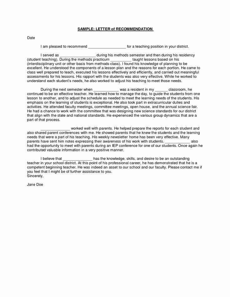 Letter Of Recommendation Sample Teacher Fresh Sample Letter Of Re Mendation for Teacher