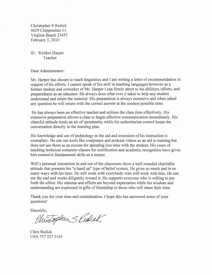 Letter Of Recommendation Template Teacher New Sample Letter Of Re Mendation for Teacher