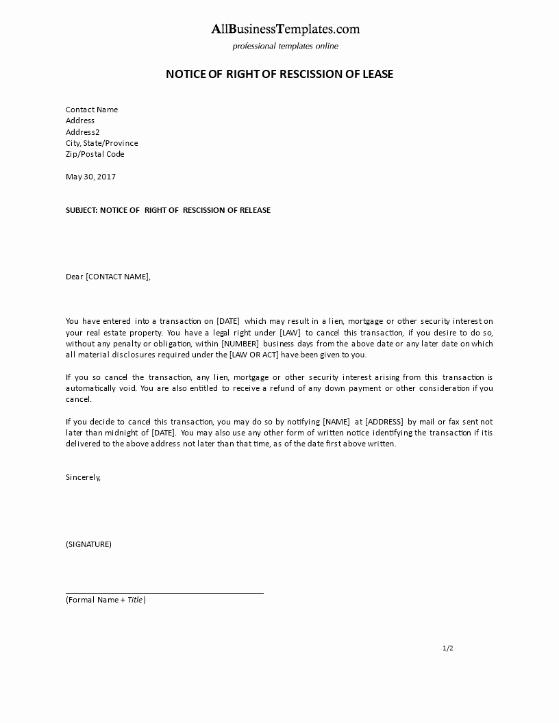 Letter Of Rescission Template Beautiful Free formal Notice Right Of Rescission