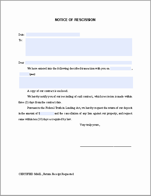 Letter Of Rescission Template Lovely Notice Of Rescission
