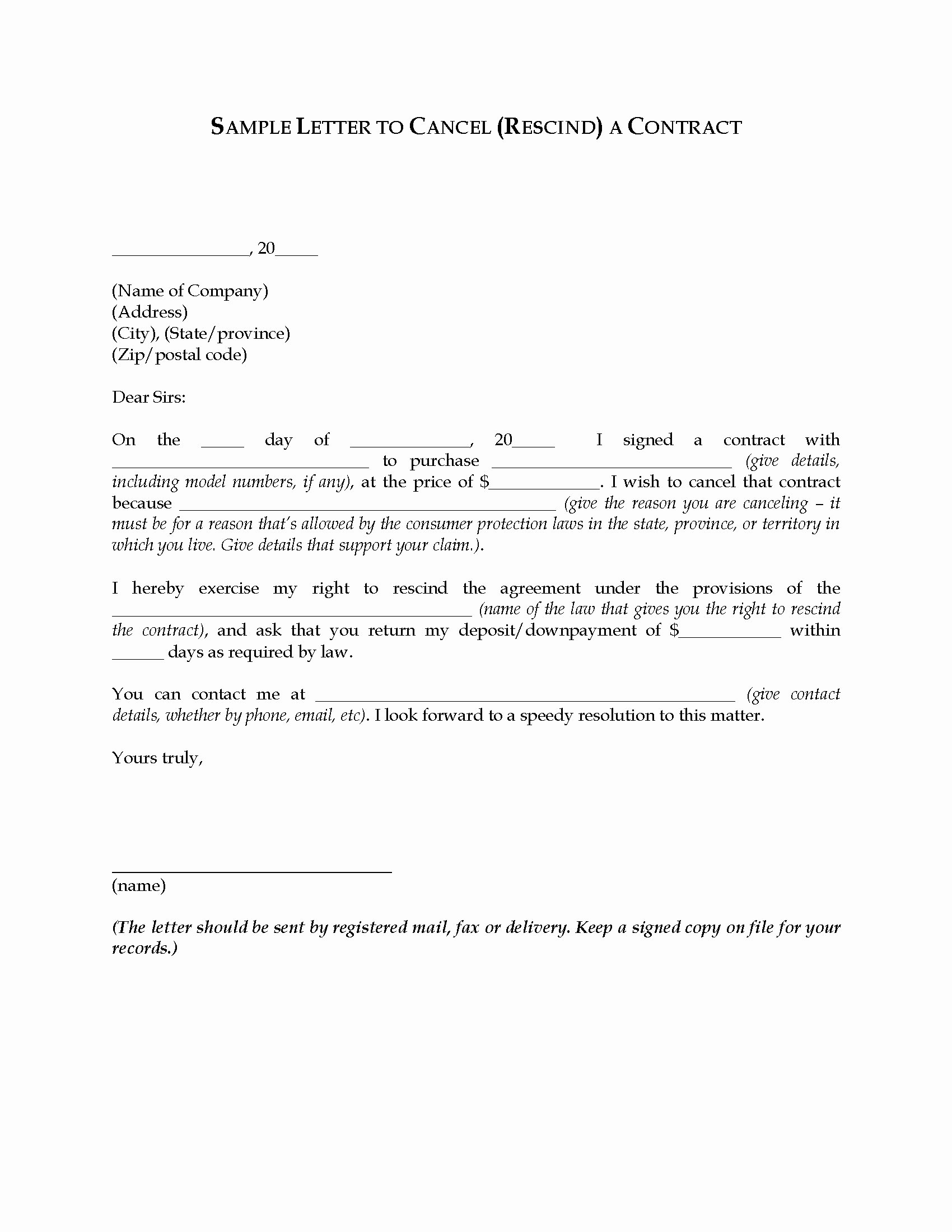Letter Of Rescission Template Unique Letter to Rescind Cancel A Contract