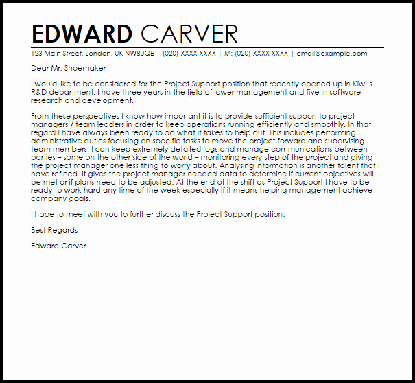 Letter Of Support format Unique Project Support Cover Letter Sample