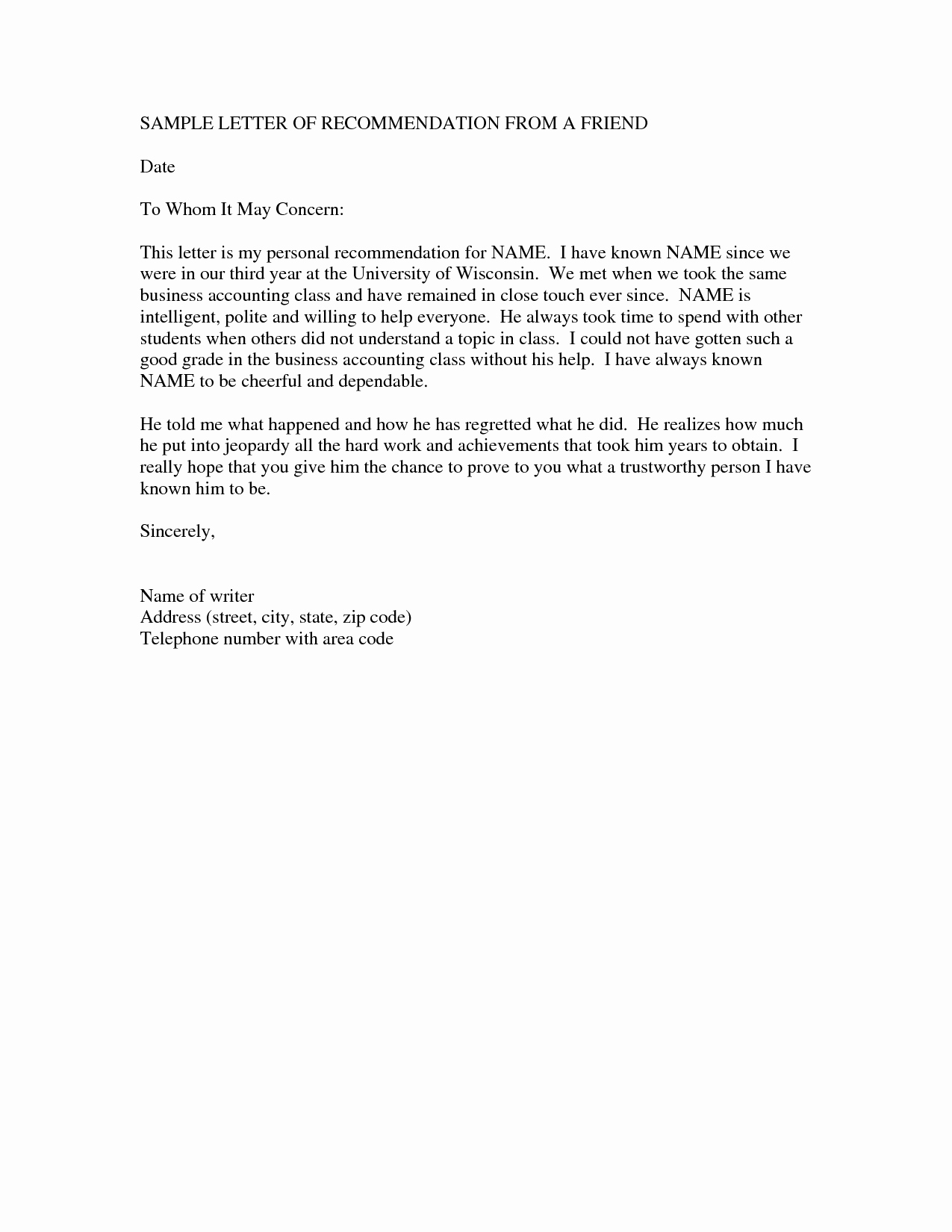 Letter to A Friend format Beautiful Reference Letter Examples for A Friend Line Business