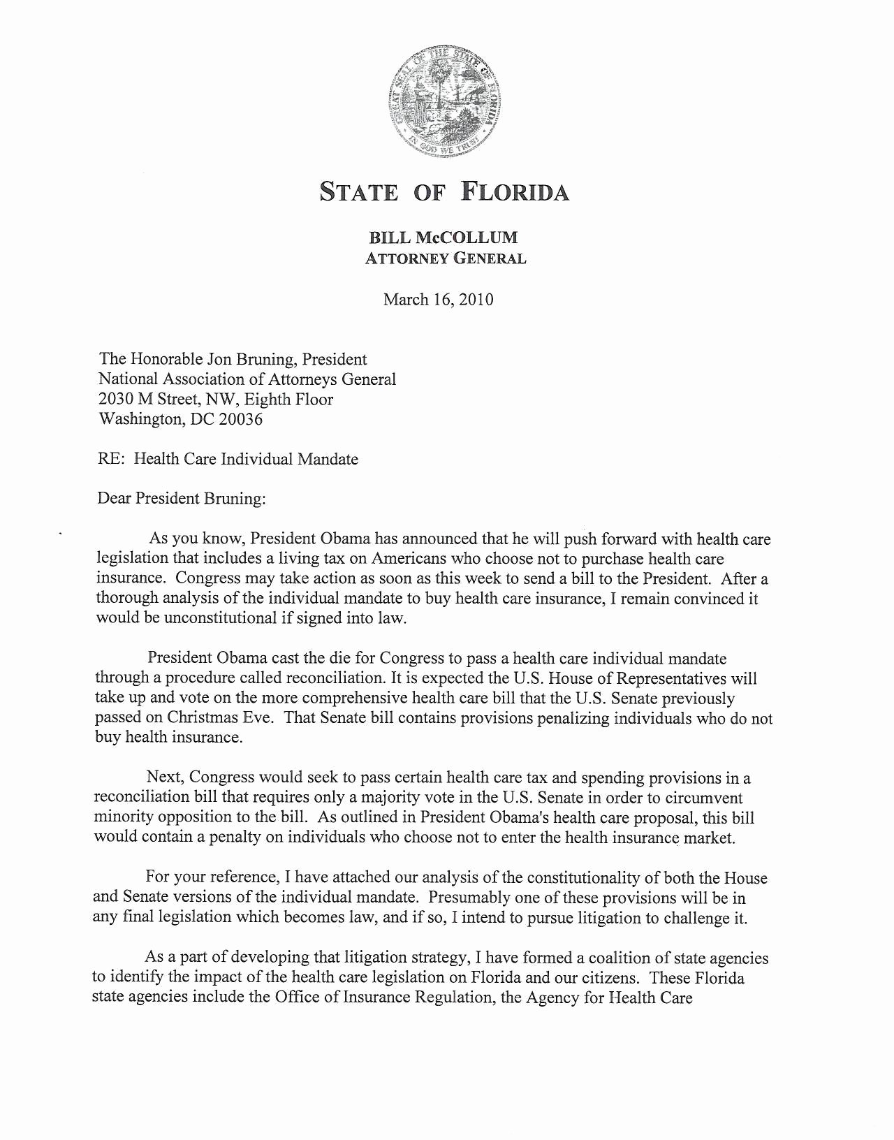 Letter to Congress format New Florida attorney General Health Care Bill