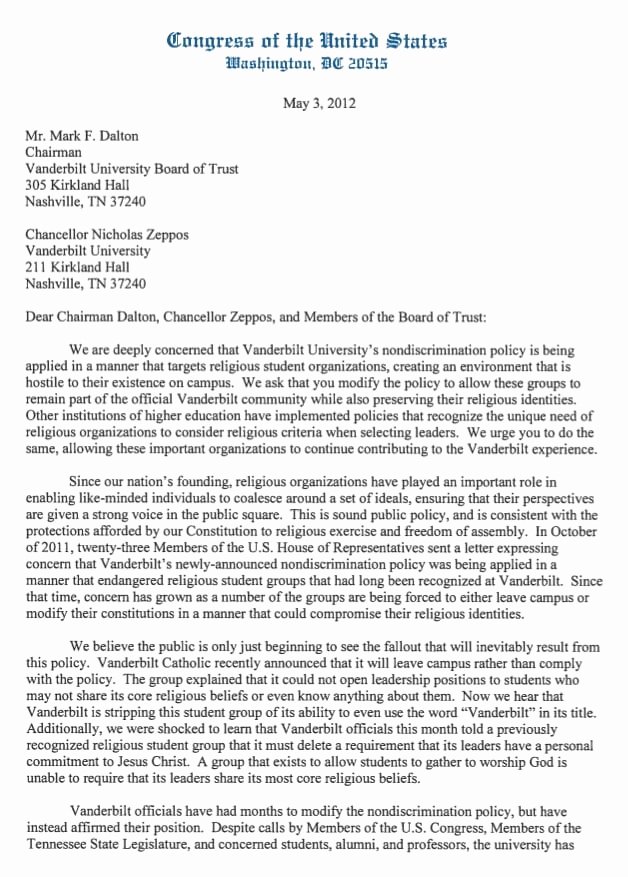 Letter to Congressman format Lovely Congressional Letter to Vanderbilt University Family