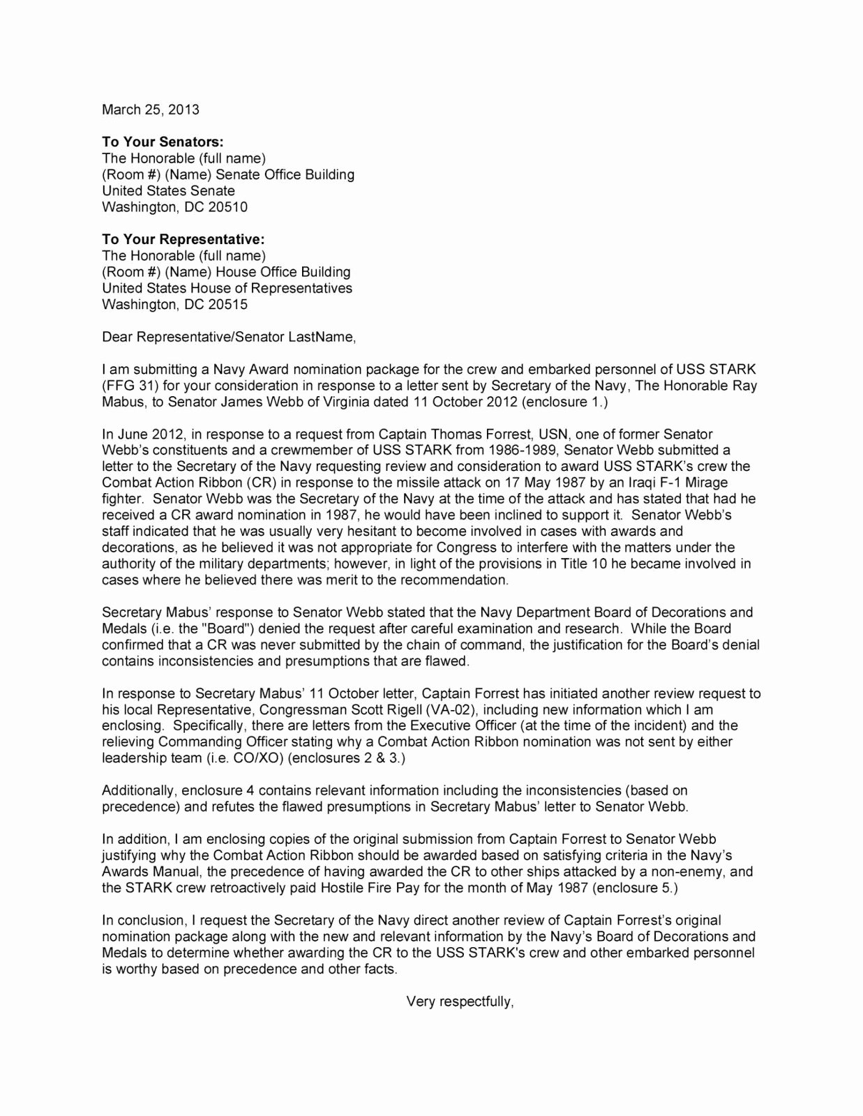 Letter to Congressman format Unique Uss Stark Ffg 31 March 2013