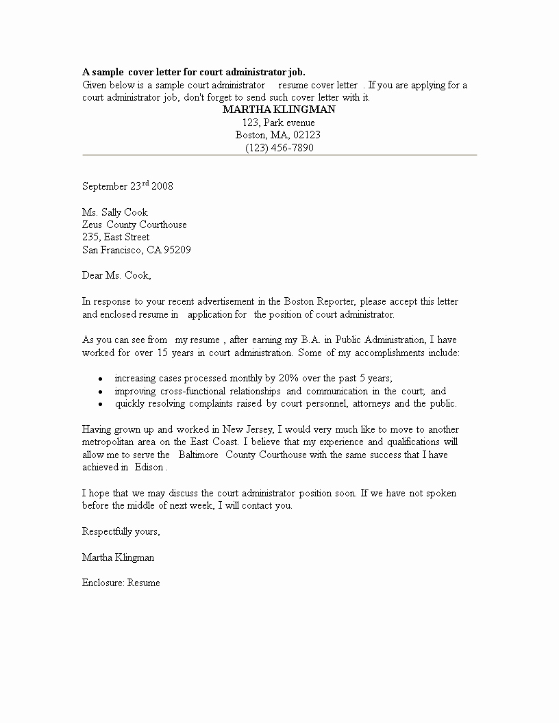 Letter to Court format Lovely Free Court Administrator Resume Cover Letter In Word