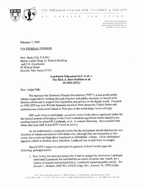 Letter to Judge format Lovely File 2005 Landmark V Ross Letter From Berkman Center for