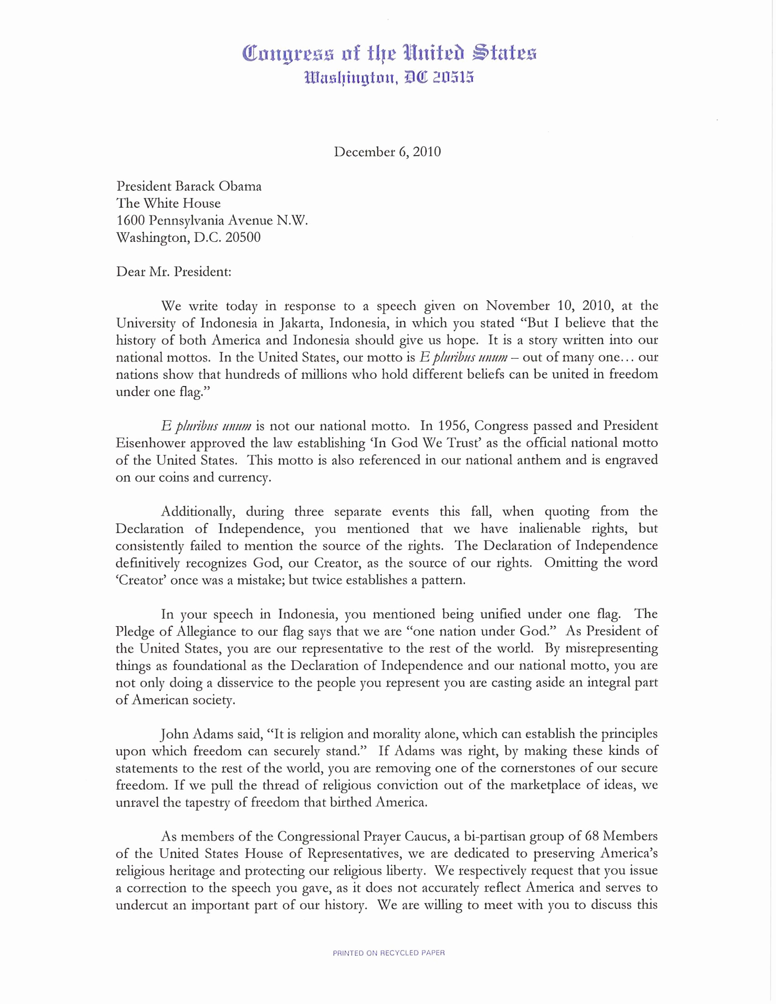 Letter to President format Beautiful Letter From Congress to Obama Demanding He “correct” His