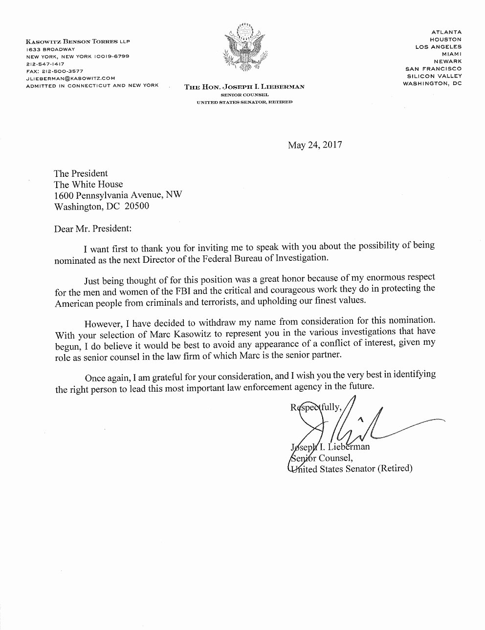 Letter to President format Fresh Usa Joseph Lieberman Letter to President Trump asking to