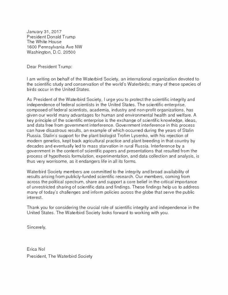 Letter to President format Unique the Waterbird society’s Letter to President Trump – the