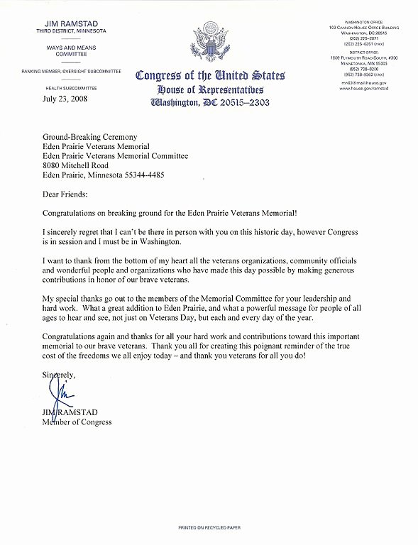Letter to Senator format Inspirational File Congressman Ramstad Letter