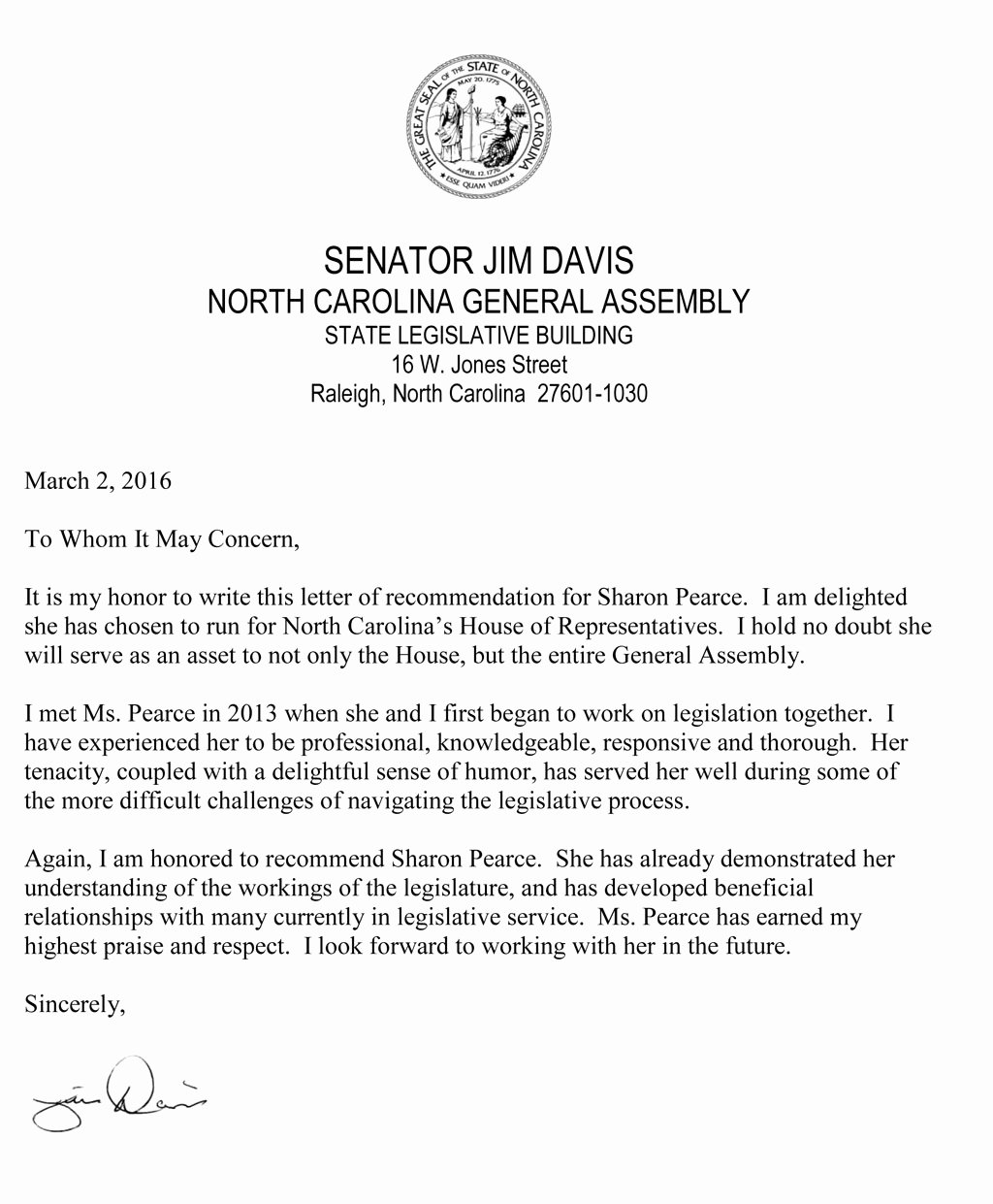 Letter to Senator format Inspirational Re Mendation Letter From Senator Jim Davis