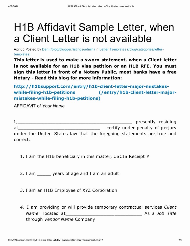 Letter to Uscis format Elegant H1 B Affidavit Sample Letter when A Client Letter is Not