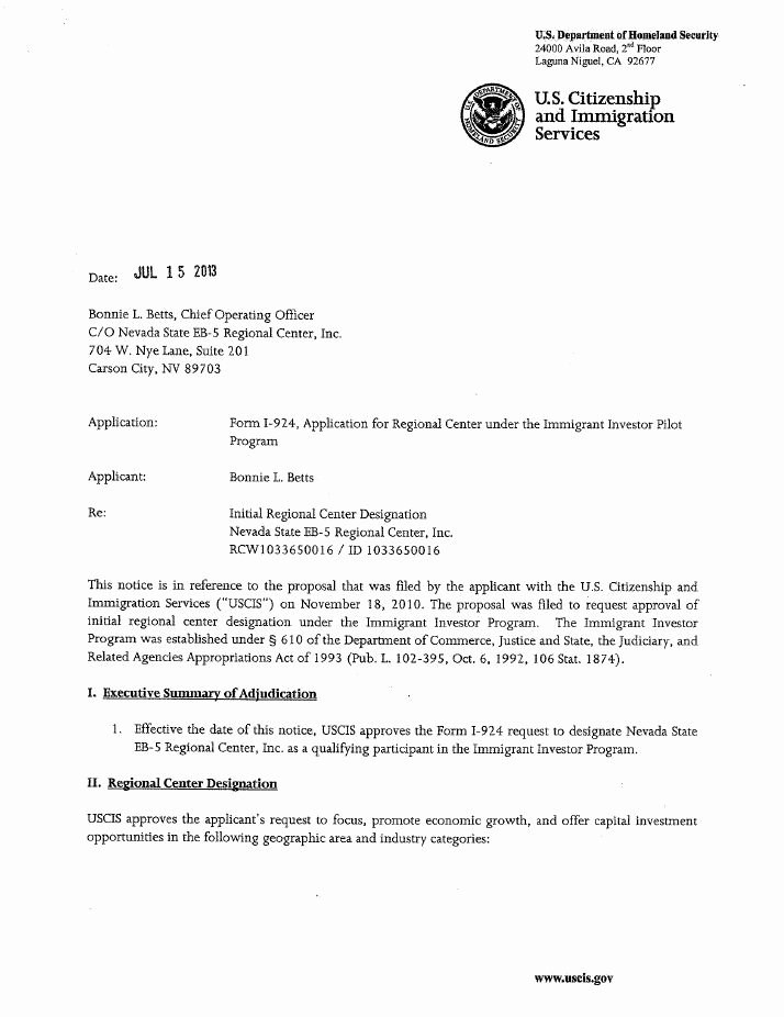 Letter to Uscis format Inspirational Uscis Certification Nevada State Eb 5 Regional Center