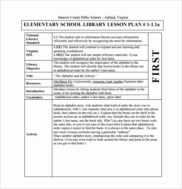 Library Lesson Plan Template Lovely Elementary Lesson Plan Template 11 Free Word Excel