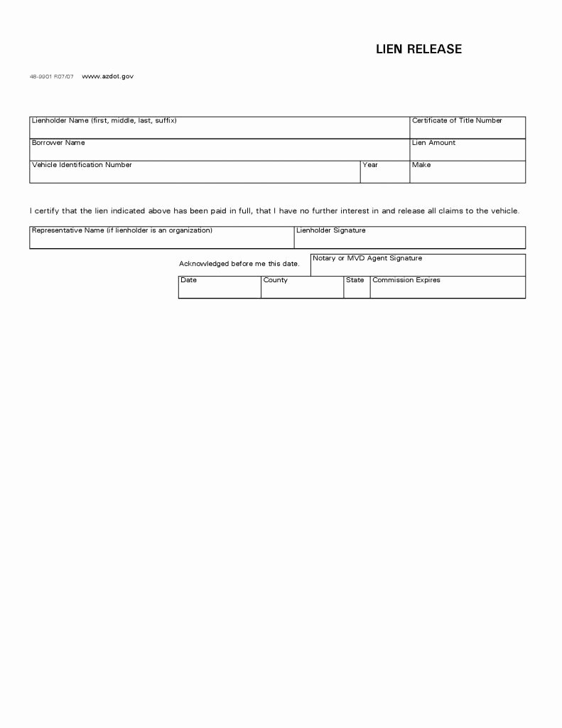 Lien Release Letter Template New Car Vehicle Lien Release form Release forms Release