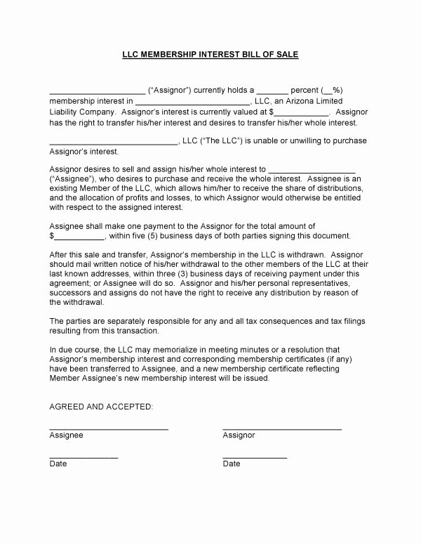 Llc Ownership Transfer Agreement Template Fresh Free Arizona Llc Membership Interest Bill Of Sale form