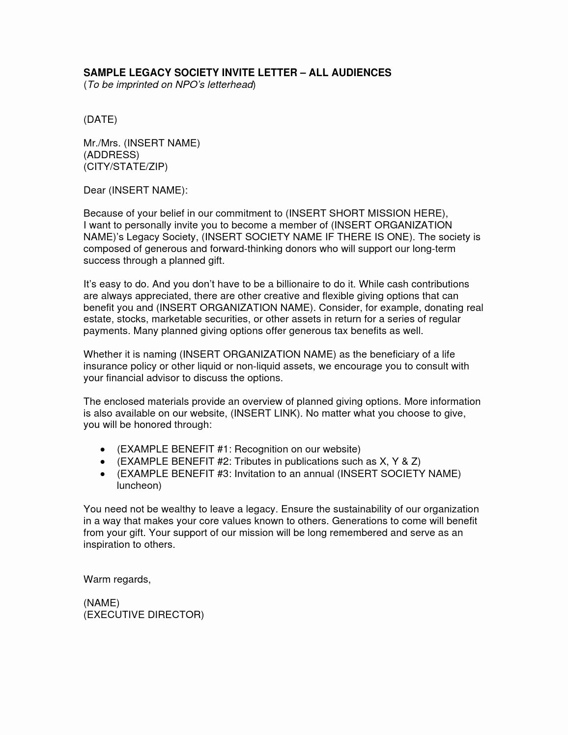 Long Term Missionary Support Letter Template Inspirational Sample Legacy society Invite Letter – All Audiences by