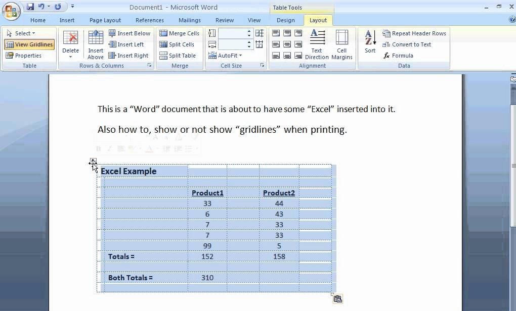 Making A form In Word Elegant Insert Excel Into Word 2007 with Gridlines