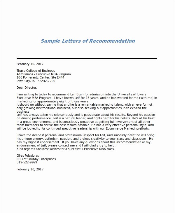 Mba Letter Of Recommendation Sample Luxury 6 Sample Mba Re Mendation Letters Pdf Word