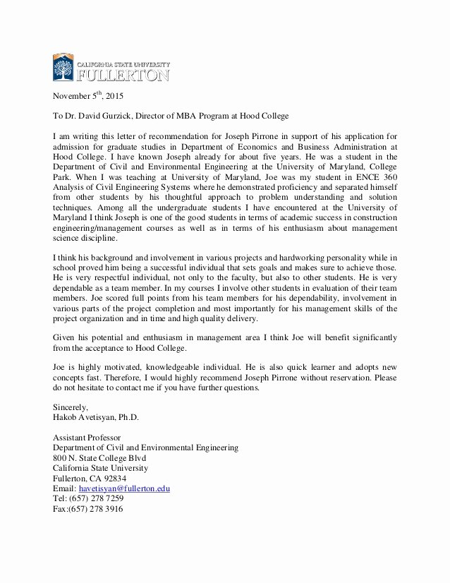 Mba Recommendation Letter Sample Fresh Re Mendation Letter for Joseph Pirrone Hakob Umd Professor