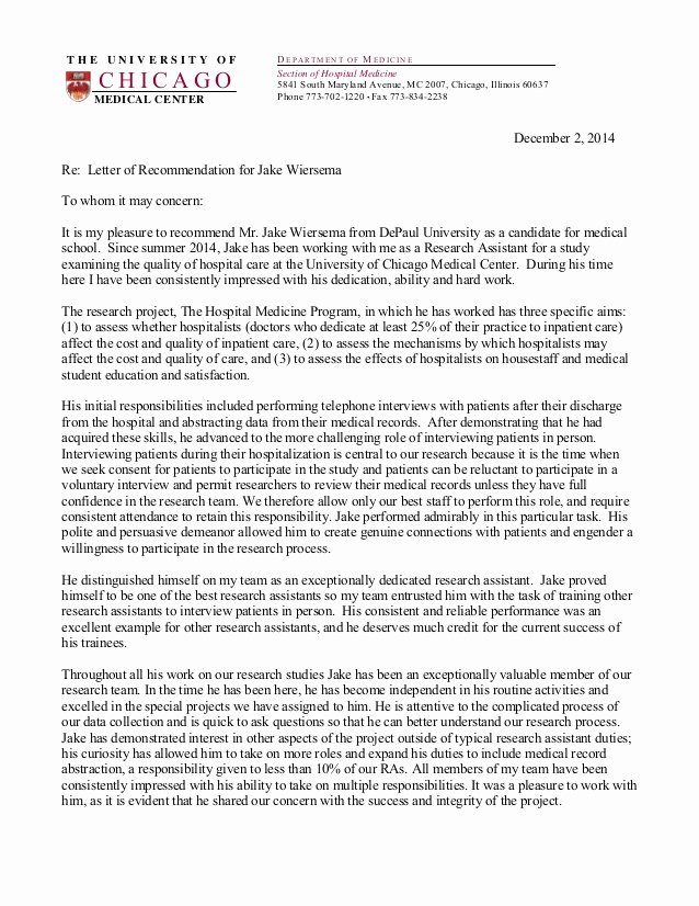 Med School Letter Of Recommendation Elegant Jake Wiersema Letter Of Re Mendation Medical School
