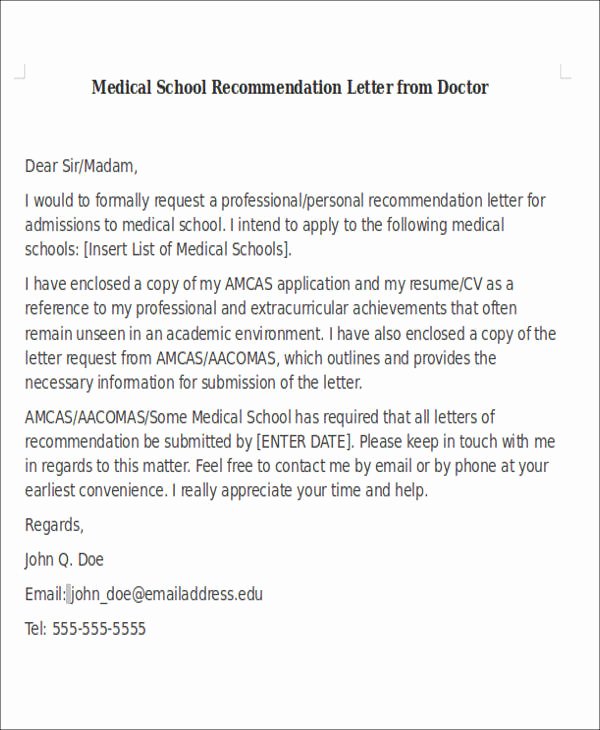 Med School Recommendation Letter Template Beautiful 8 Medical School Re Mendation Letter Free Sample